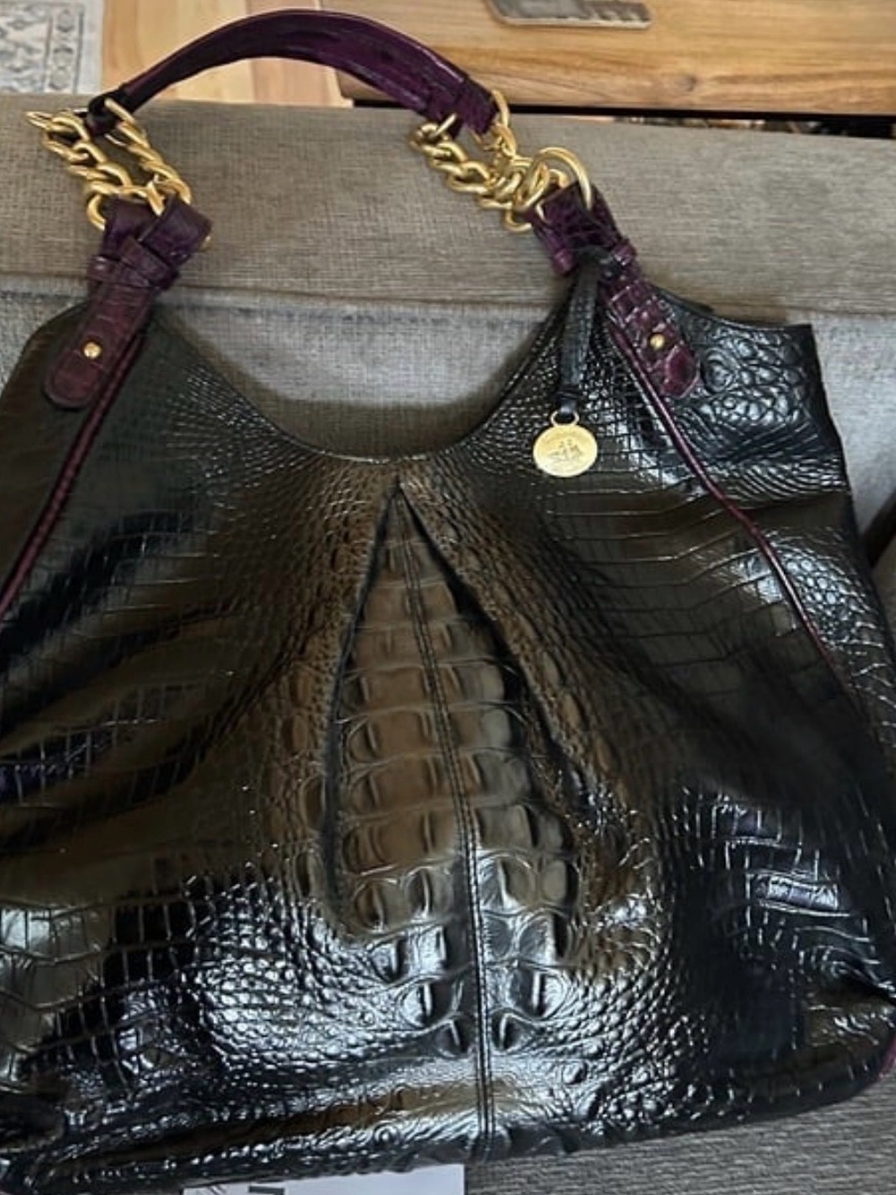 Brahmin Black Croc-Embossed Leather Tote with Purple Handle Accents
